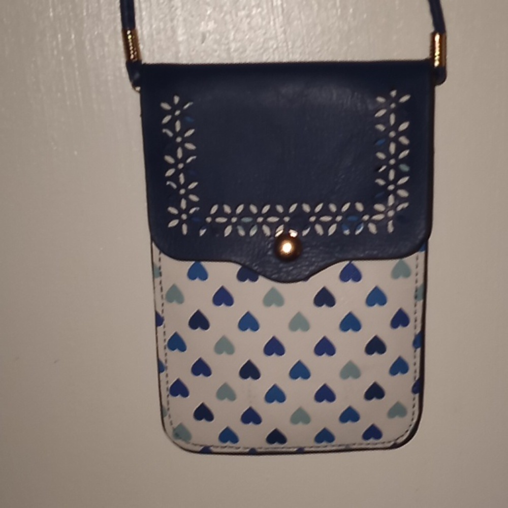 Blue and white with hearts purse/bag (long strap)